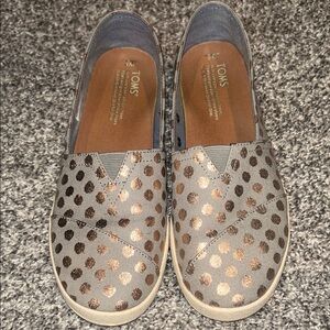 TOMS Gray Slip-On Moccasins with Metallic Copper Polka Dots
